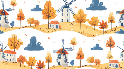 Colorful seamless pattern with watermills and windmil