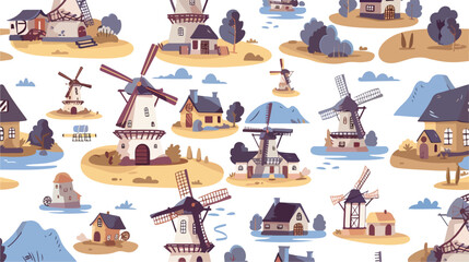 Colorful seamless pattern with watermills and windmil