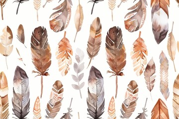 Seamless pattern of boho watercolor feathers and arrows in earthy tones.