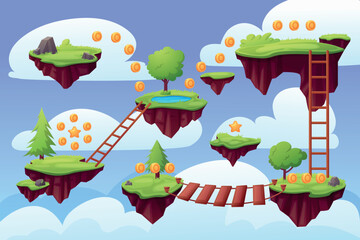 Arcade game location. Level map with floating grounds, golden coins, bridge and stairs. Step by step jumping level, cartoon nowaday vector landscape