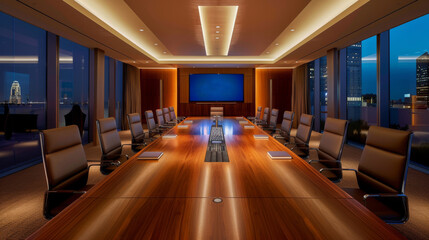 A conference table with many chairs around it, modern meeting room interior design.