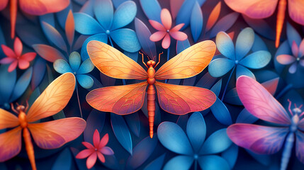 Colorful dragonflies on a background of colorful leaves and flowers - obrazy, fototapety, plakaty