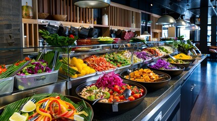 Thai buffet counter, tropical self-service setup with an array of colorful Thai dishes, showcasing a clean, polished look - obrazy, fototapety, plakaty