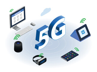 5g internet technology service. Fast connect and cloud service. Digital gadgets, smart speaker and virtual reality glasses. Pithy vector concept