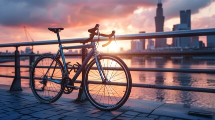 Stylish road bike parked on a modern city bridge, skyline in the background at sunset, reflecting vibrant colors on the water