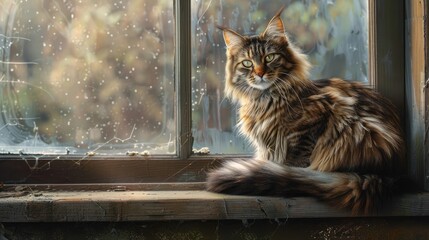 regal cat perched majestically on a windowsill, its gaze thoughtful and serene as it surveys the...