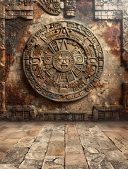 Fototapeta na wymiar Traditional Native American motif with ancient Mesoamerican calendar on aged wall. Blank surface pattern.