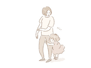 お母さん（若い女性）の足にしがみつく小さい女の子