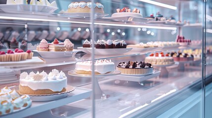 Fototapeta premium Self-service buffet setup with a range of iced cakes in a sparkling clean and polished display, ideal for a luxurious bakery advertisement