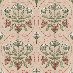 Floral ethnic seamless pattern on calm beige background. Natural repeated design with symmetric flower and berries in neutral muted colors. Block print style traditional motif for textile, carpets © Olya Haifisch