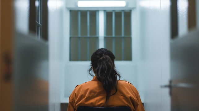 Back view of an individual in an orange jumpsuit sitting in a jail cell, gazing at a small barred window.