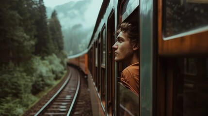 solo traveler gazing out of a train window, lost in thought as the rhythmic clickety-clack of the tracks lulls them into introspection. - obrazy, fototapety, plakaty