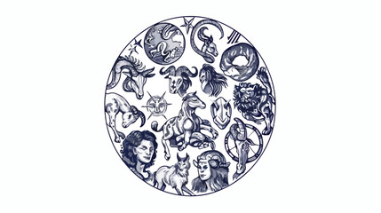 Round composition with astrological signs drawn with