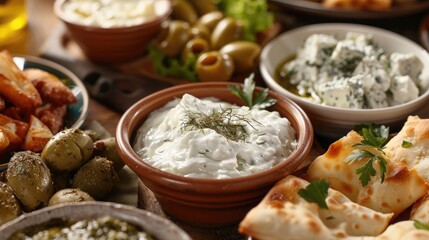 tempting array of Greek mezedes, including creamy tzatziki, tangy feta cheese, and crisp spanakopita, served with warm pita bread and olives.