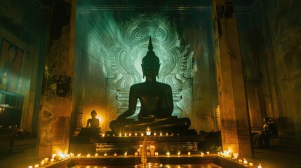 The shadow of a Buddha statue projected onto the walls of a temple, its serene presence illuminated by flickering candlelight.