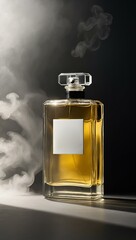 A sleek perfume bottle with a translucent fragrance, against a backdrop with shadows and ethereal mist, expressing luxury and allure