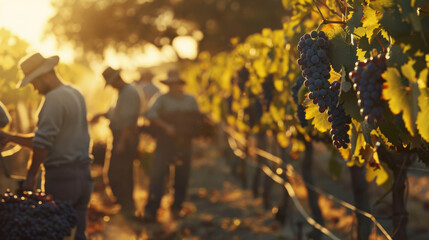 Fototapeta premium Grape harvest, with workers transporting crates of freshly picked grapes at vineyard, premium organic grapes for farm-to-table consumption