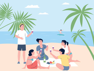 Friends picnic on beach. Seasonal outdoor recreation, group family tourism. Young people eating, drinking. Surfing in ocean or sea, recent vector scene