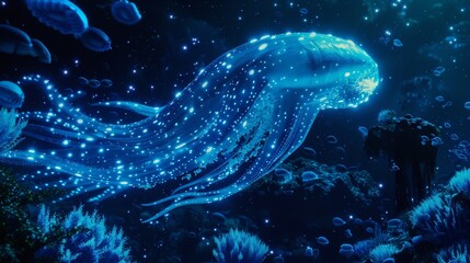 As the moon rises the depths of the ocean come alive with a multitude of bioluminescent creatures providing a unique and mesmerizing bedtime show. 2d flat cartoon. - obrazy, fototapety, plakaty
