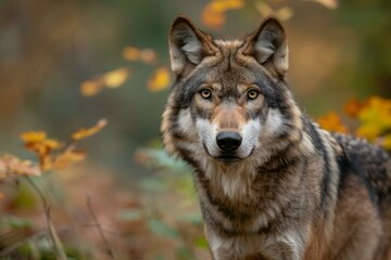 Naklejka na ściany i meble Portrait of grey wolf (Canis lupus) in autumn forest