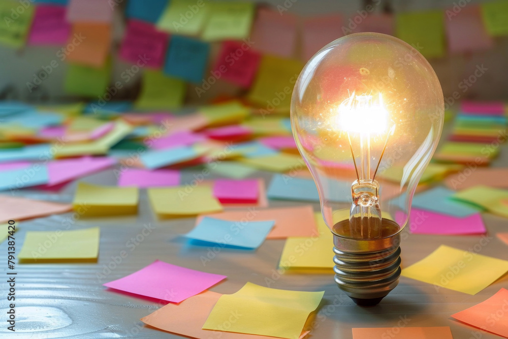 Aufkleber a light bulb is lit up in front colorful sticky notes, brainstorming and solution idea concept.