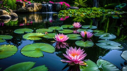 tranquil pond surrounded by water lilies and lotus flowers, reflecting the serene beauty and tranquility of a Zen-inspired garden.