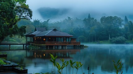 Obraz premium tranquil lakeside retreat enveloped in mist and drizzle, offering a peaceful sanctuary amidst the gentle rhythms of the rainy season.