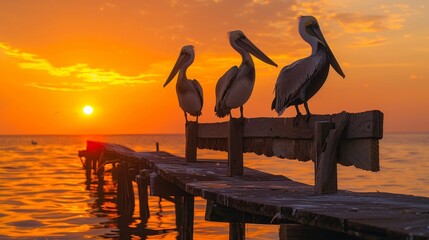 Pelicans on a saltwater pier during a vibrant sunset, golden light casting long shadows, peaceful coastal scene
