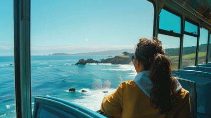 traveler enjoying a scenic coastal bus ride, marveling at breathtaking ocean views through the large windows of the coach.