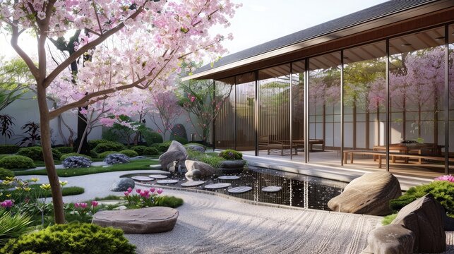 tranquil Japanese-style garden adorned with cherry blossoms, offering a serene retreat for meditation and contemplation.