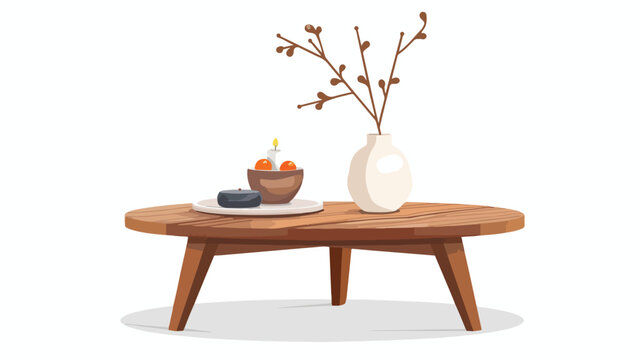 Round wooden coffee table with vase candle bowl of fr