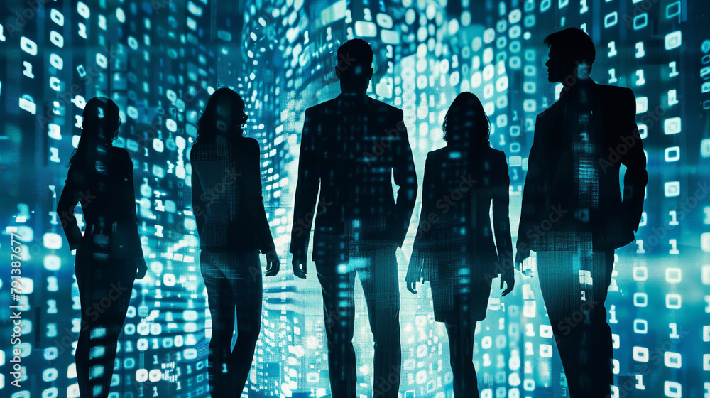 Poster silhouettes of business people and binary code. technology concept. ai.