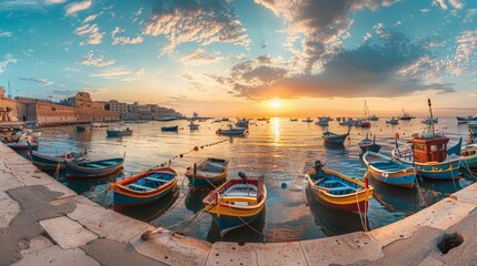 Panoramic view of a bustling harbor, concrete jetties filled with colorful boats, sunset casting golden hues across the scene