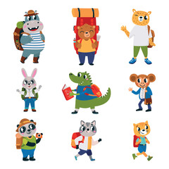 Animal with backpack. Touristic animals, students and business characters. Cartoon cute wild hippo, bear and crocodile. Classy vector clipart