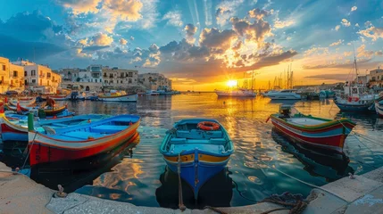 Fotobehang Panoramic view of a bustling harbor, concrete jetties filled with colorful boats, sunset casting golden hues across the scene © Paul