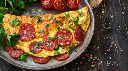Plate with omelet and tomatoes