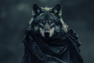 Portrait of wolf in a black cloak on a dark background