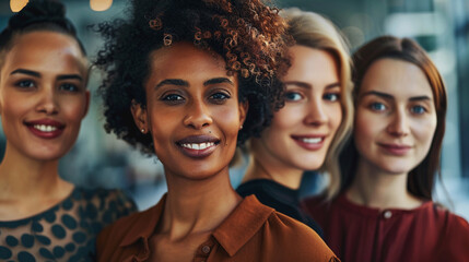 Obraz premium Portrait of group of smiling businesswomen looking at camera in office. AI.