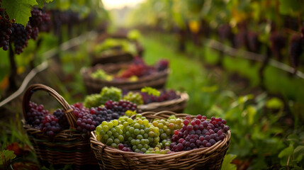 Basket of grapes is on the ground in a vineyard, harvesting and winery concept.