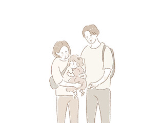 小さい女の子（子供）をだっこする女性（お母さん）とお父さん（男性）