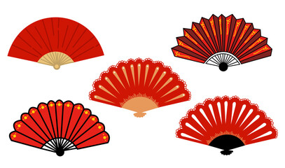 Set of Paper Folded Fan. Chinese Lunar New Year Elements. Gong xi fa cai red decorations. Asia Culture Holiday