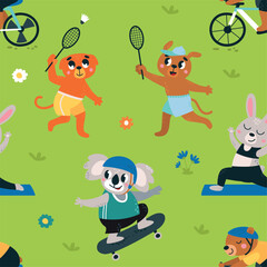 Sport animal seamless pattern. Animals athletes in park doing different workout. Childish fabric print design, cartoon decorative wrapping, classy vector background