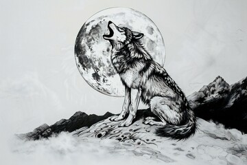 Illustration of a wolf in front of a full moon,  Black and white