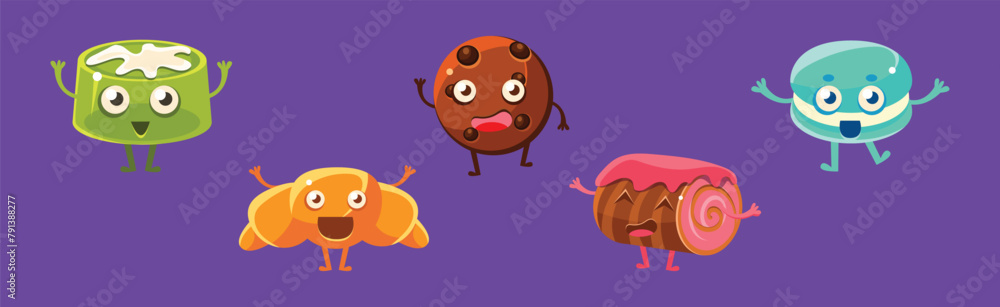 Poster funny dessert character with smiling face vector set