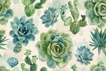 Seamless pattern of watercolors and cacti.