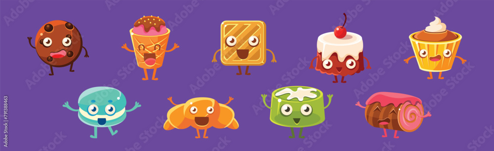 Poster funny dessert character with smiling face vector set