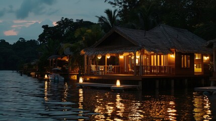 Obraz premium The soft glow of lanterns lighting up the bungalows at night creating a cozy and romantic atmosphere for a dreamy sleep on the water. 2d flat cartoon.