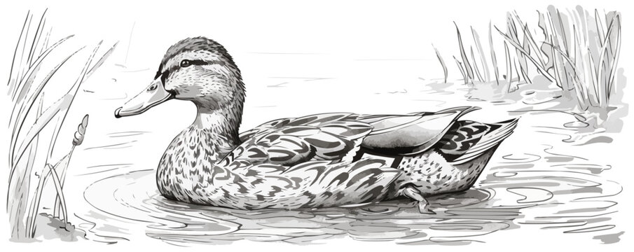 Duck swimming in the lake sketch, hand drawn in doodle style Vector illustration.