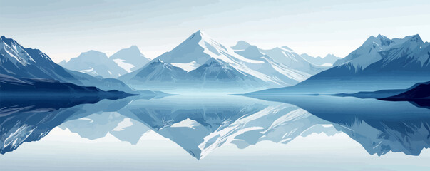 A serene mountain lake reflecting the snow-capped peaks that surround it. Vector flat minimalistic isolated - obrazy, fototapety, plakaty