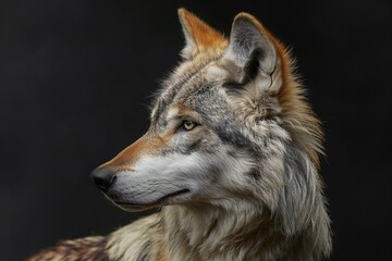 Portrait of a wolf on a dark background,  Close-up